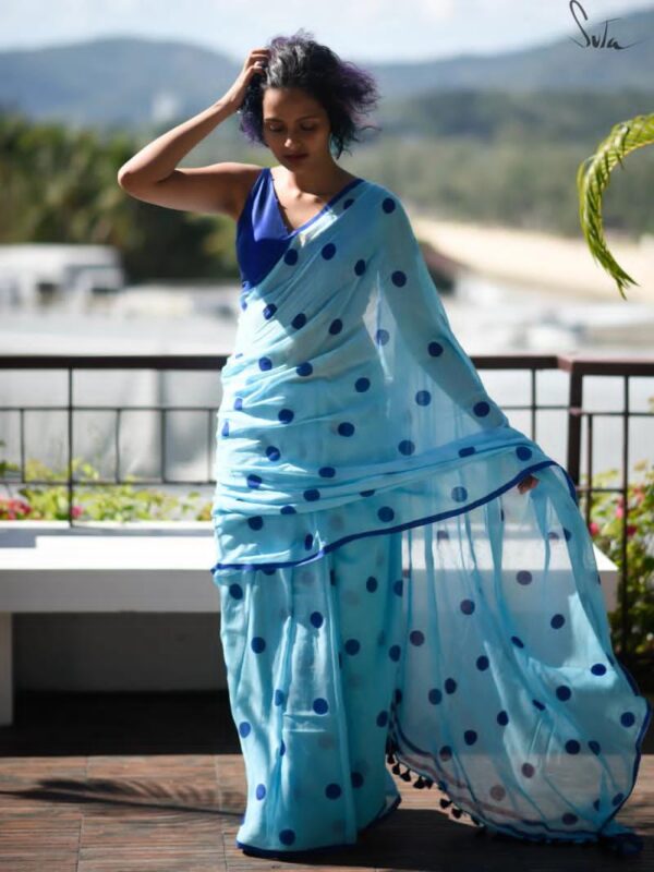 Pure polka dot mulmul cotton Blue Saree