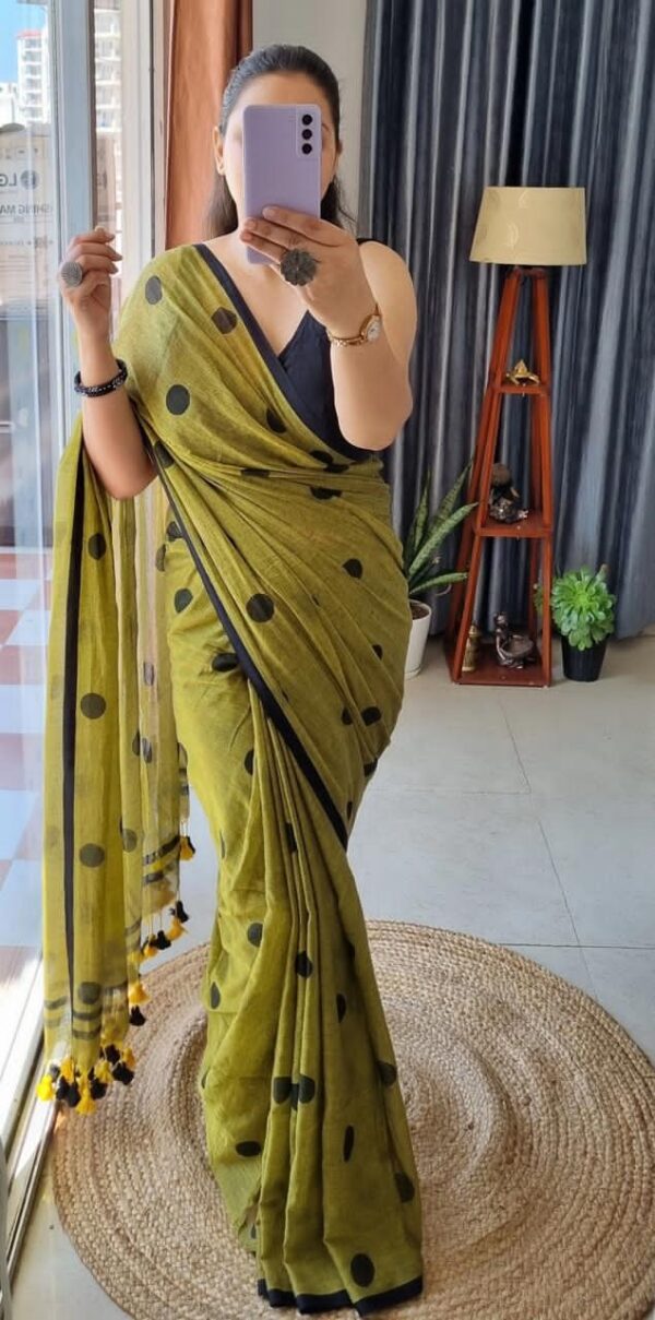 Pure polka dot mulmul cotton Mustard Green