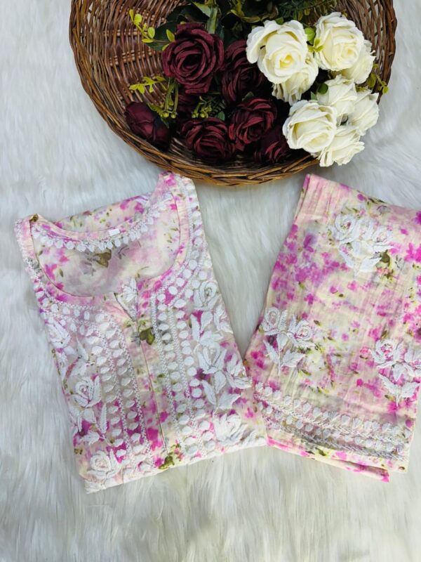 Pink Floral Embroidered Kurti Set