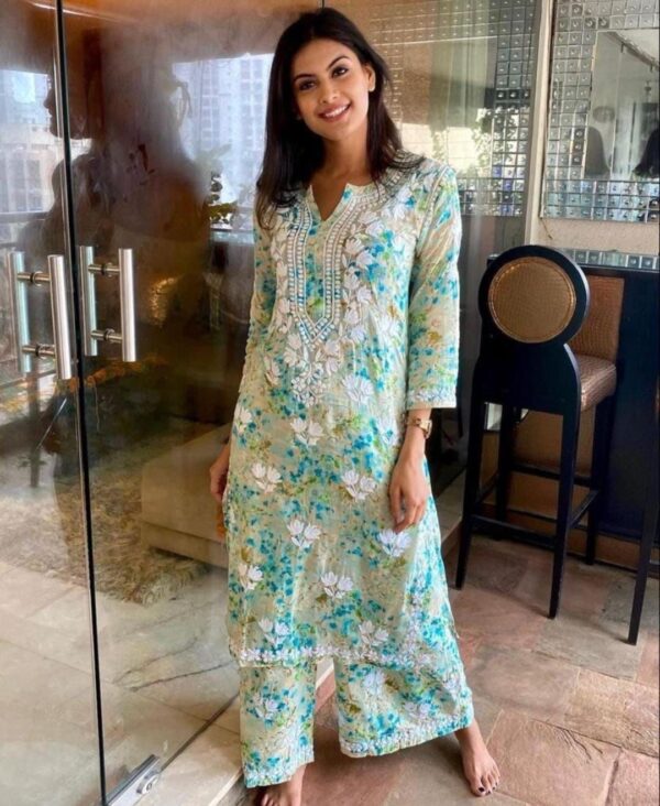Mint Floral Embroidered Kurti Set